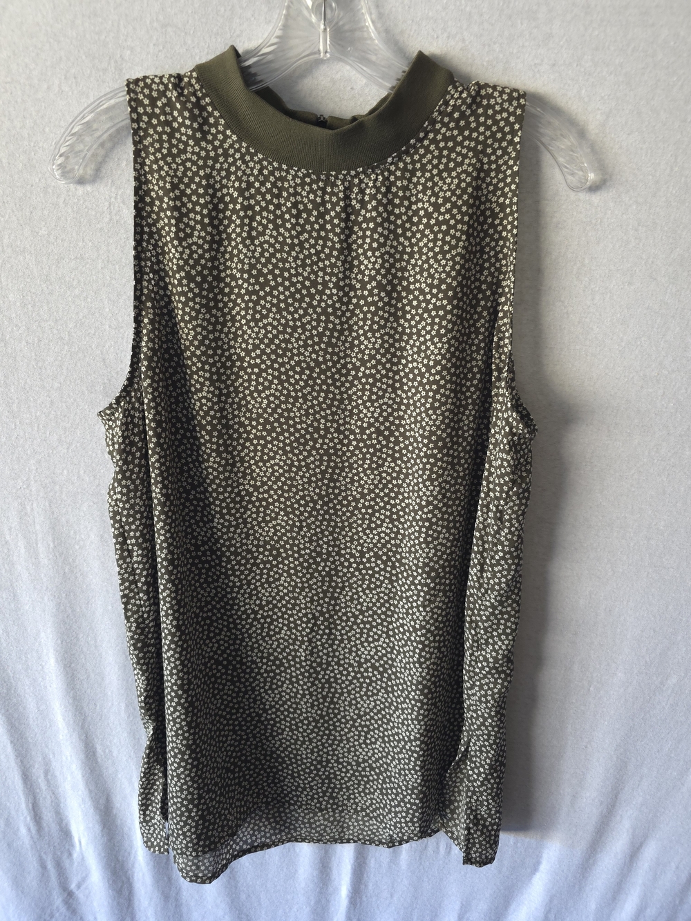 LOFT Olive Green Ribbed Neck Top with Micro-Print
